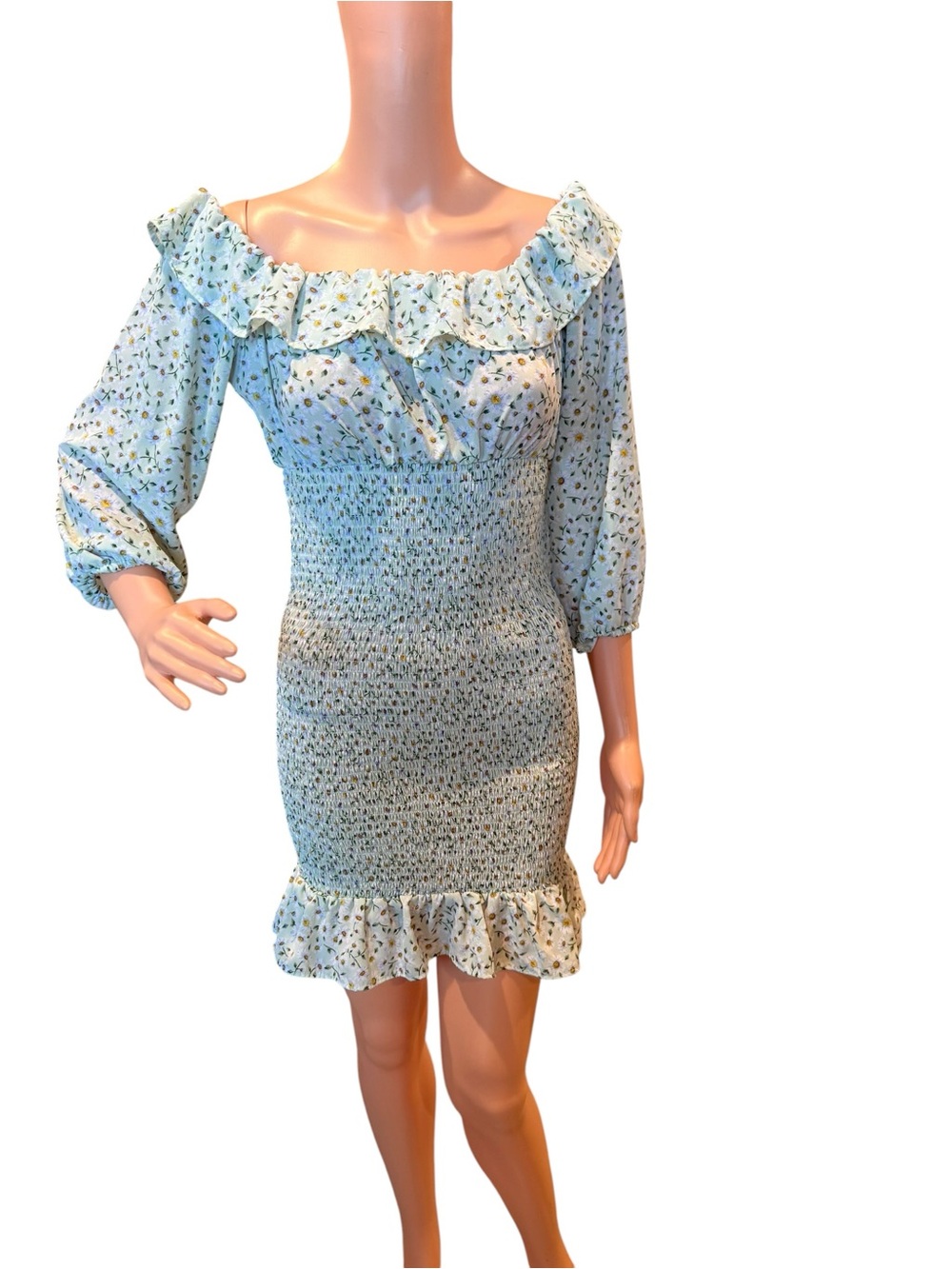 Forever 21 Light Green Dirsy Floral Smocked Off-Shoulder Dress Small - Picture 5 of 7